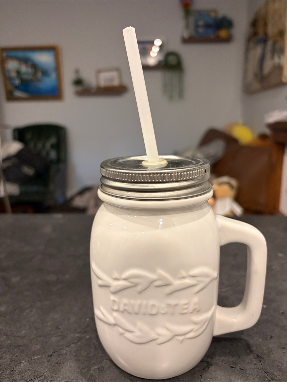 Davidstea White Ceramic Mason Jar Mug with Straw